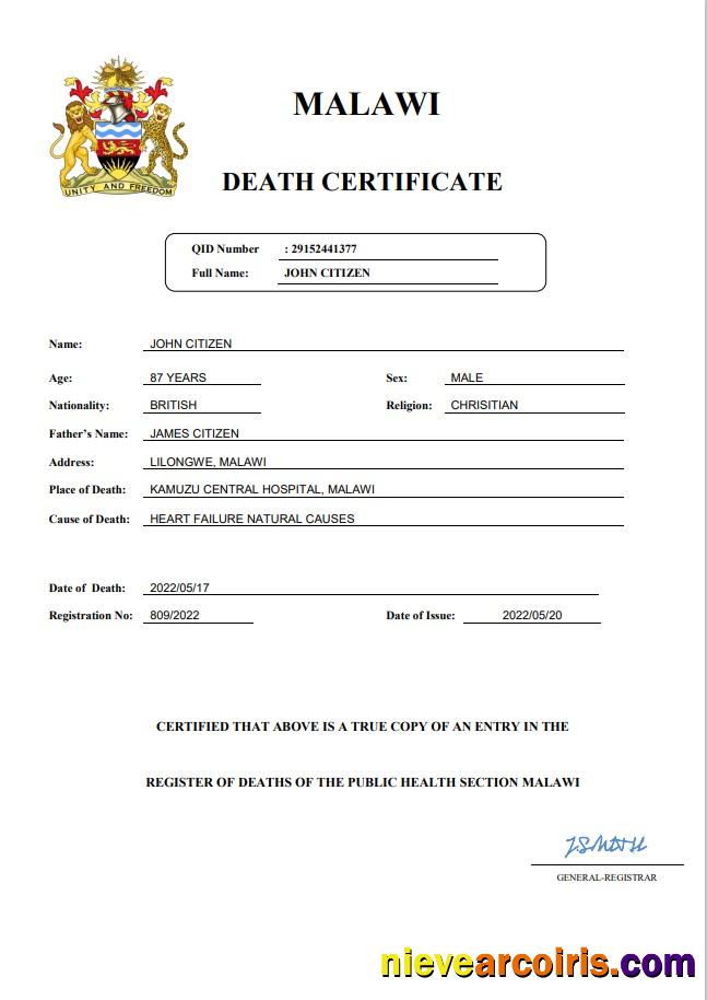 Malawi vital record death certificate